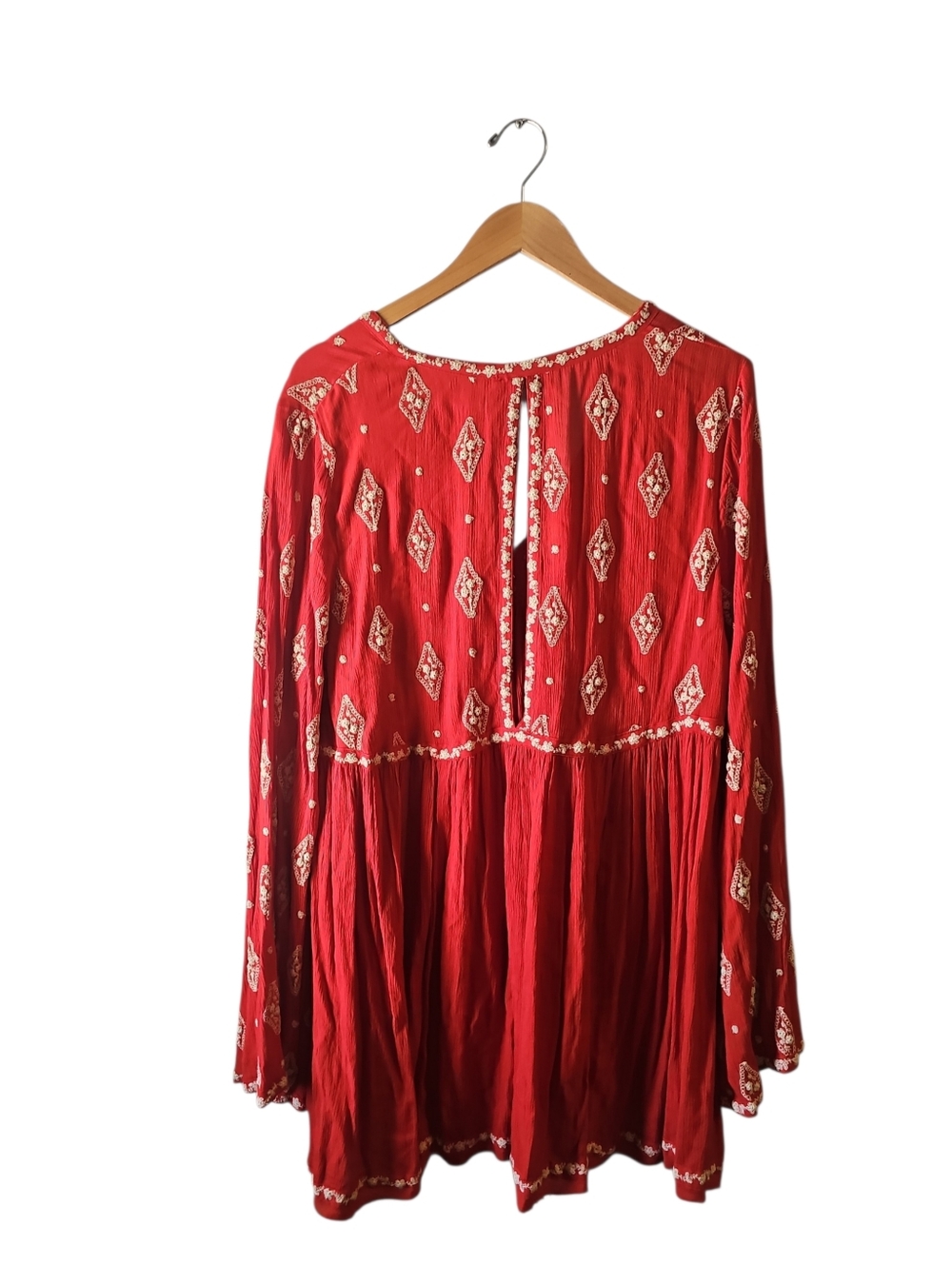 Free People Red Diamond Floral Cream Embroidered Boho Top Tunic Sz Large WT136 - Picture 5 of 9